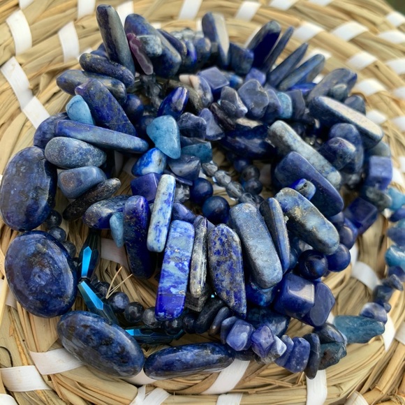 Natural Dark Blue Lapis Lazuli & Sodalite Gemstone Mixed Bead Bracelet Stack - Picture 2 of 12